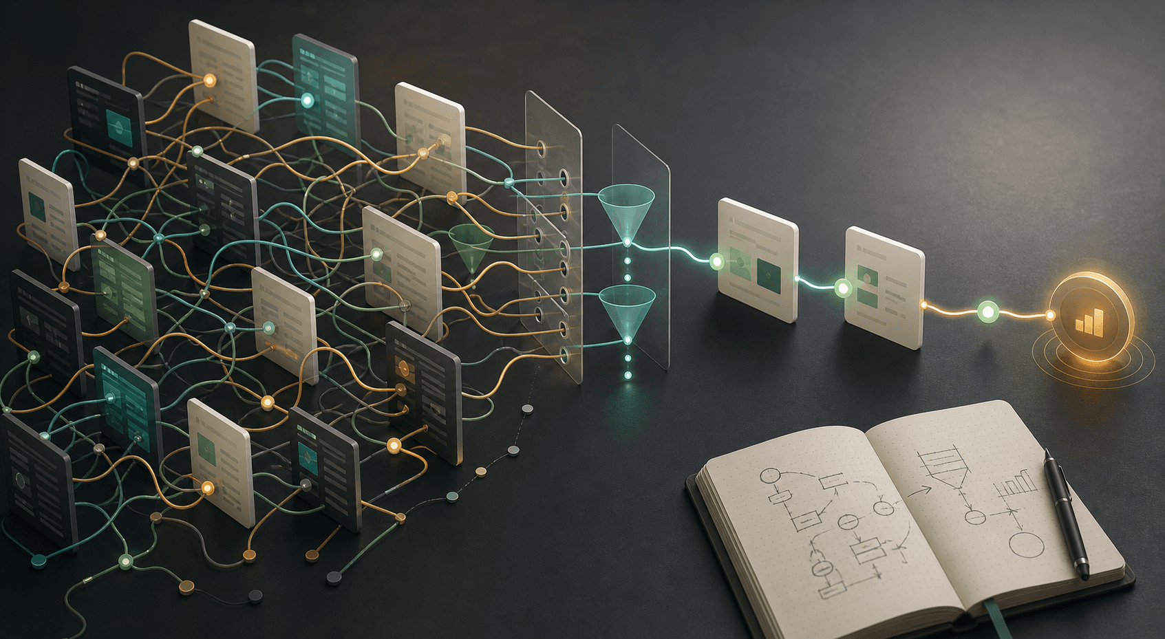 Abstract customer journey paths becoming clearer as product analytics connect sessions and outcomes