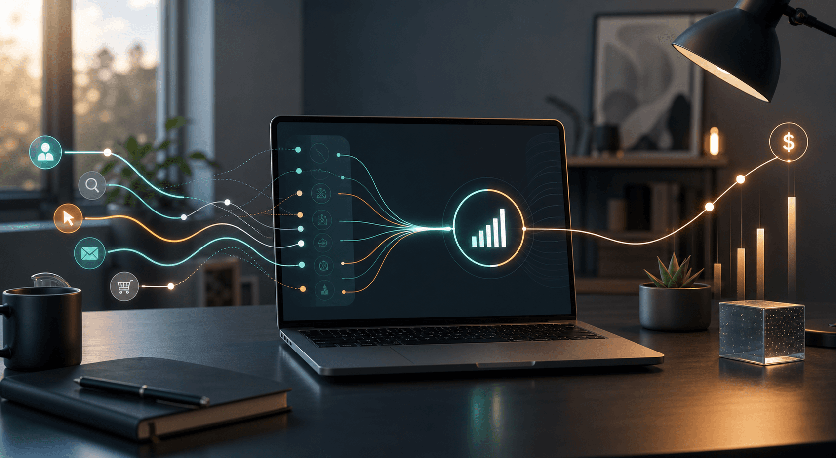 Abstract founder workspace with analytics paths converging into revenue clarity