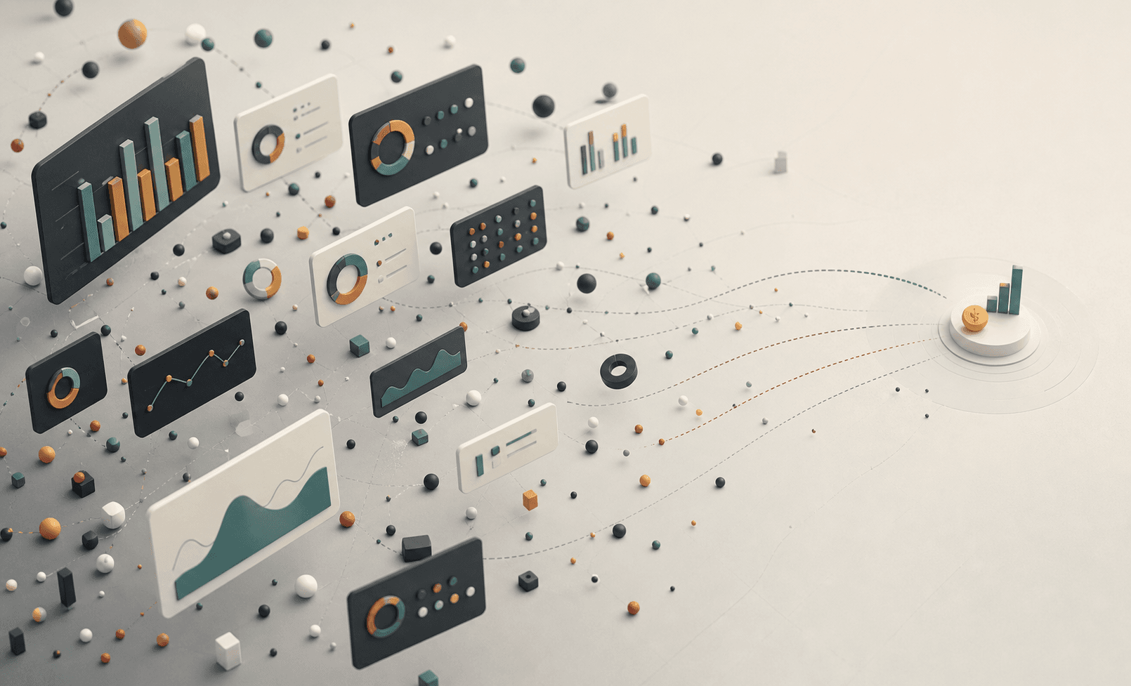 Abstract analytics cards and activity signals drifting without clear connection to business outcomes