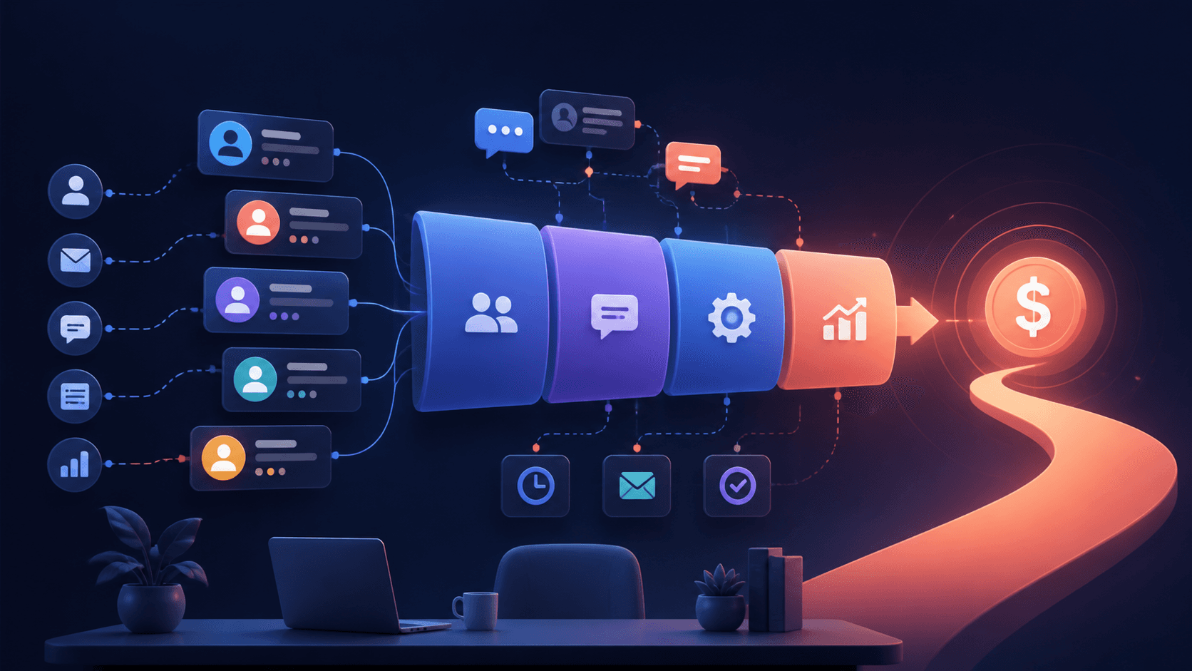 Illustration of leads flowing through a CRM pipeline, conversations, automations, and revenue