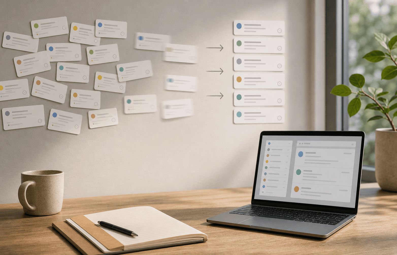 Messy conversation cards becoming an organized workflow queue