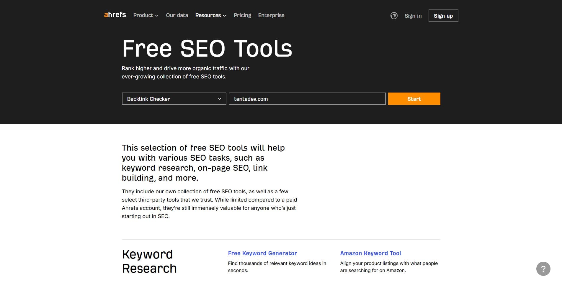 Ahrefs free backlink checker tool interface showing domain rating and backlinks