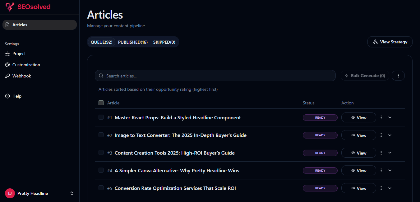 SEOSolved dashboard interface showing strategy generation