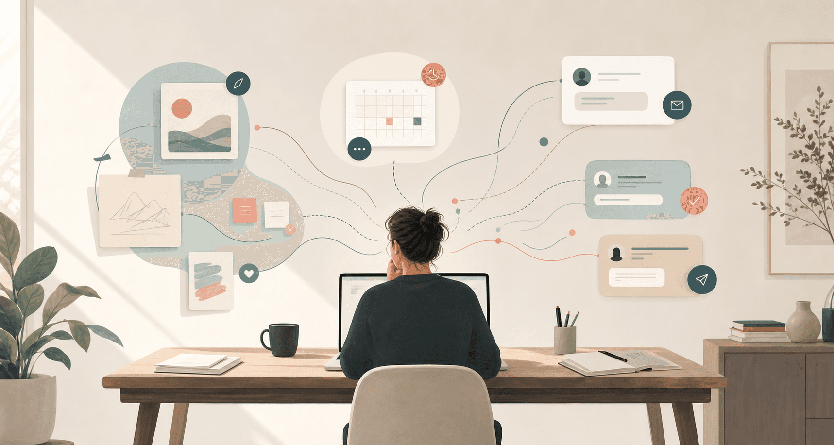 Abstract founder workspace surrounded by social posts, lead replies, client follow-ups, and unfinished work