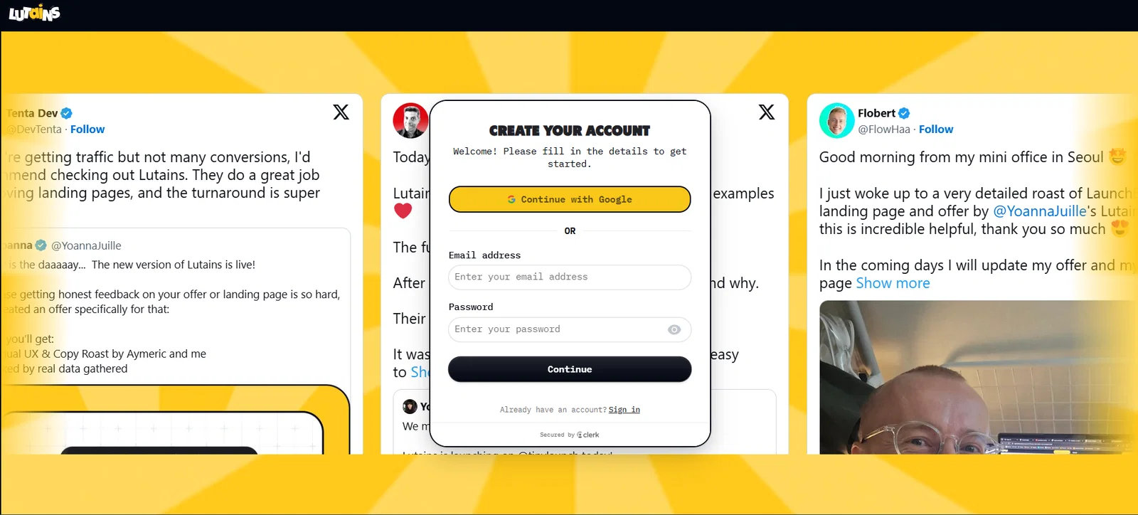 The Lutains account creation screen surrounded by customer testimonials and social proof
