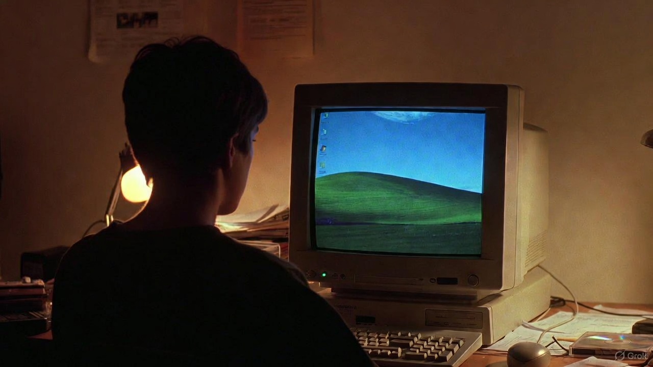 A young person facing their first computer in the 2000s